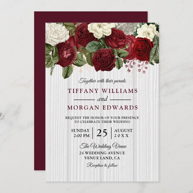 Burgundy Marsala Red White Floral Wedding Invite (Front/Back)
