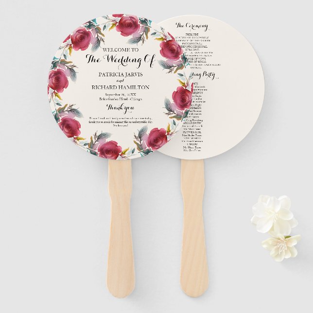 Burgundy Marsala Romantic Floral Wedding Program Hand Fan (Front and Back)