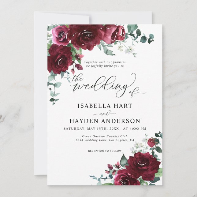 Burgundy Marsala Rustic Floral Greenery Wedding Invitation (Front)