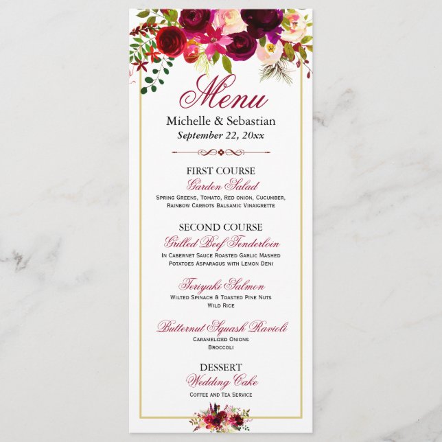 Burgundy Marsala Rustic Floral Wedding Menu (Front)