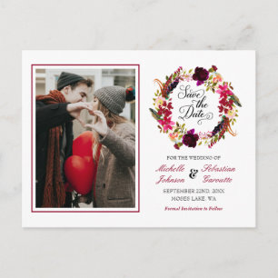 Burgundy Marsala Rustic Photo Floral Save the Date Announcement Postcard