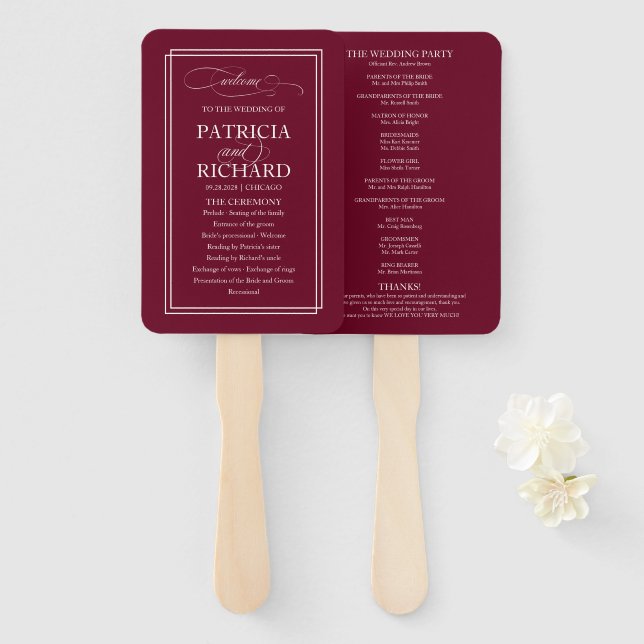 Burgundy Marsala Simple Elegant Wedding Program Hand Fan (Front and Back)