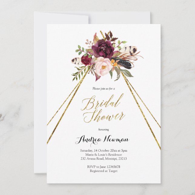 burgundy marsala teepee bridal shower invitation (Front)
