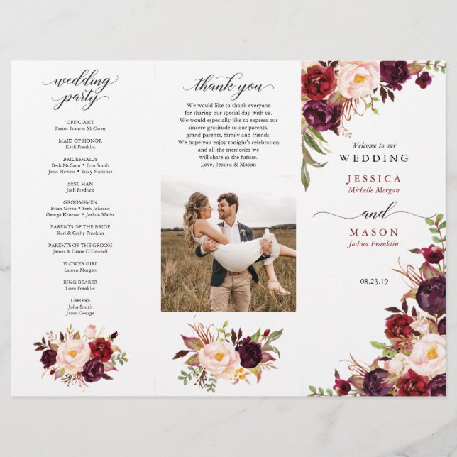 Burgundy Marsala Tri-Fold Wedding Program Photo Flyer (Front)