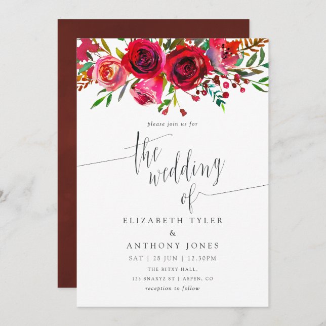 Burgundy - Marsala Watercolor Floral Wedding Invitation (Front/Back)