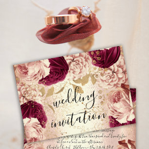 Burgundy Marsala Wedding Rose Gold Roses Floral Invitation