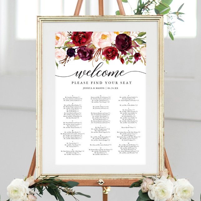 Burgundy Marsala Wedding Seating Chart Sign (Creator Uploaded)