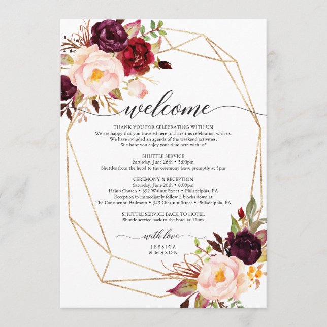 Burgundy Marsala Wedding Welcome Itinerary Letter Program (Front)