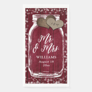 Burgundy Mason Jar Barn Wood Mr. & Mrs. Wedding Napkin