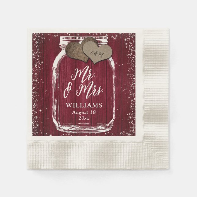 Burgundy Mason Jar Rustic Wood Mr. & Mrs. Wedding Napkin (Front)