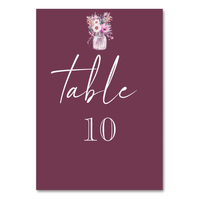 Burgundy Mason Jar with Flowers Table Number (Front)