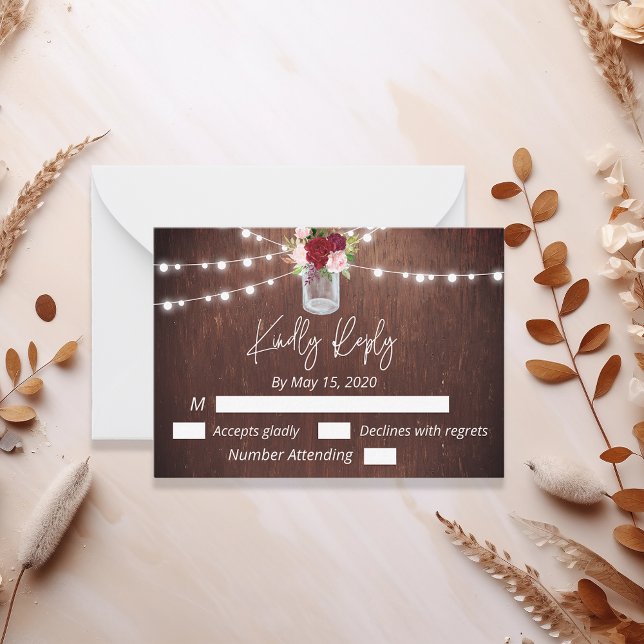 Burgundy Mason Jar Wood Budget Lights Flower RSVP  Card (Creator Uploaded)