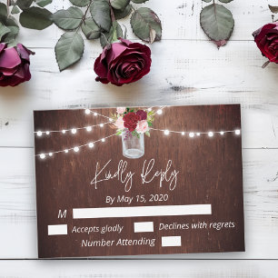 Burgundy Mason Jar Wood String Lights Budget RSVP Card