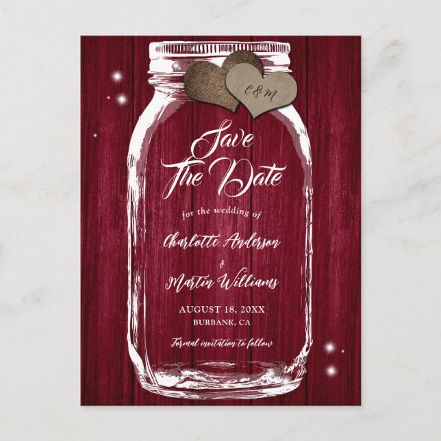 Burgundy Mason Jar Wood Wedding Save The Date Announcement Postcard (Front)