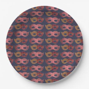 Burgundy Masquerade Masks Pattern Paper Plate