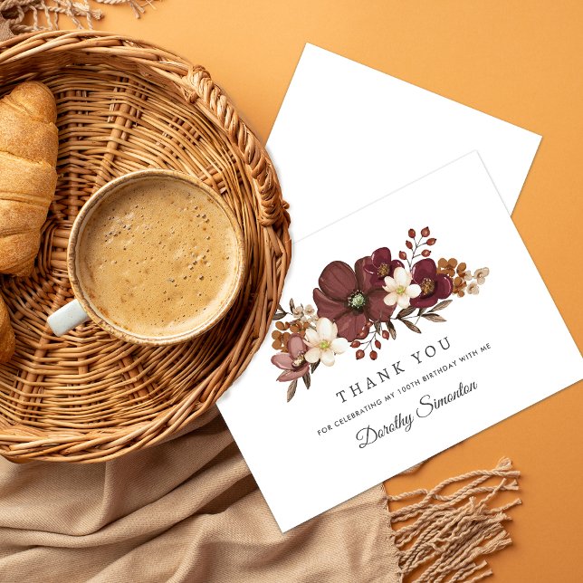Burgundy Mauve Ivory Fall 100th Birthday Flat Thank You Card (Need more matching fall party supplies? Message me!)
