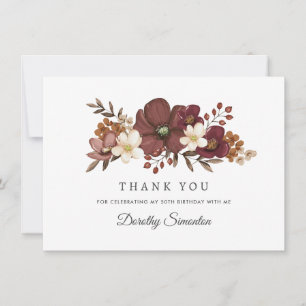 Burgundy Mauve Ivory Fall 50th Birthday Flat Thank You Card