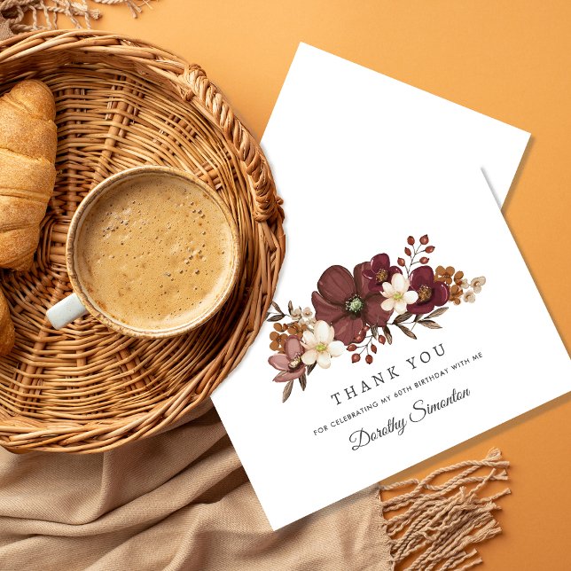 Burgundy Mauve Ivory Fall 60th Birthday Flat Thank You Card (Need more matching fall party supplies? Message me!)