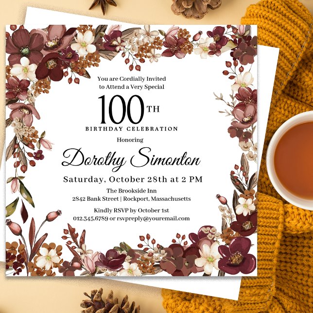 Burgundy Mauve Ivory Fall Floral 100th Birthday Invitation (Need matching party supplies? Message me!)