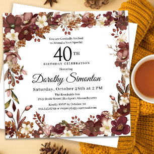 Burgundy Mauve Ivory Fall Floral 40th Birthday Invitation