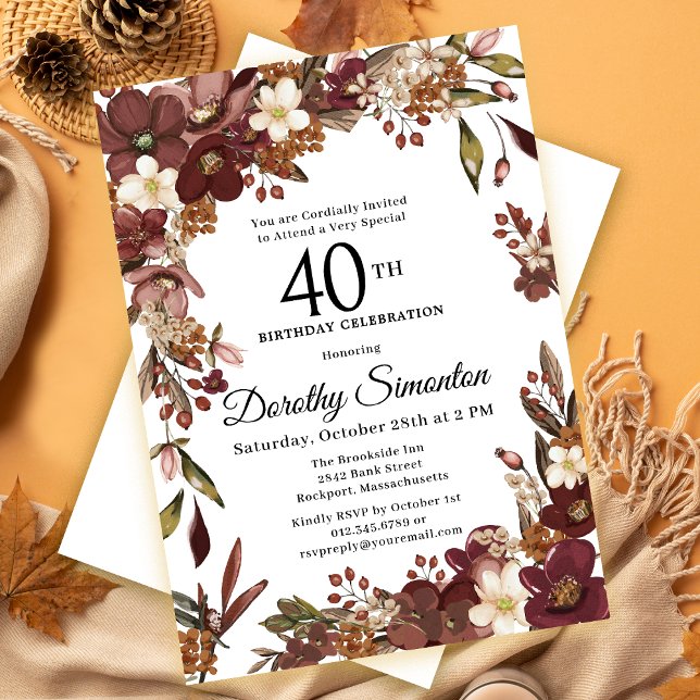 Burgundy Mauve Ivory Fall Floral 40th Birthday Invitation (Need matching Autumn party supplies? Message me!)
