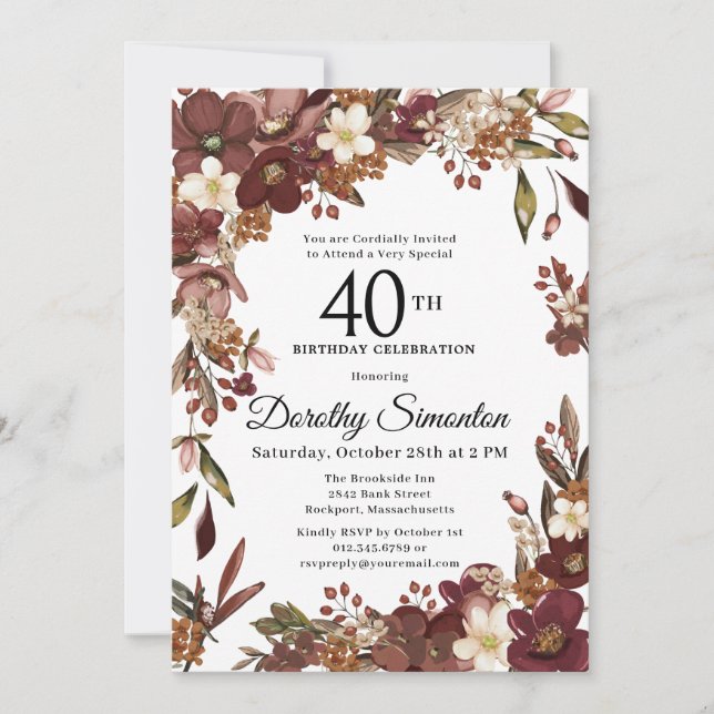 Burgundy Mauve Ivory Fall Floral 40th Birthday Invitation (Front)