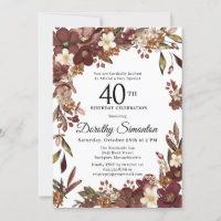Burgundy Mauve Ivory Fall Floral 40th Birthday