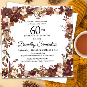 Burgundy Mauve Ivory Fall Floral 60th Birthday Invitation