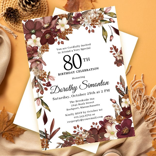 Burgundy Mauve Ivory Fall Floral 80th Birthday Invitation (Need a matching fall welcome sign? Party supplies. Message me!)