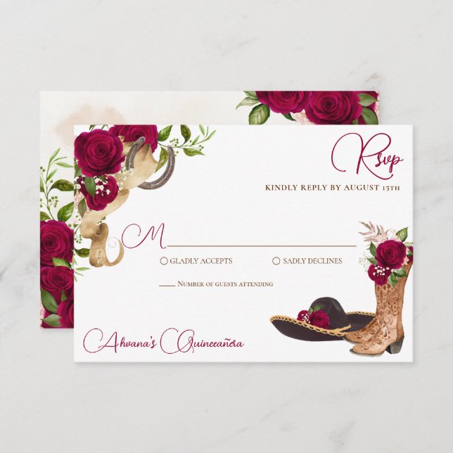 Burgundy Merlot Charro Western Quinceanera RSVP Card (Front/Back)