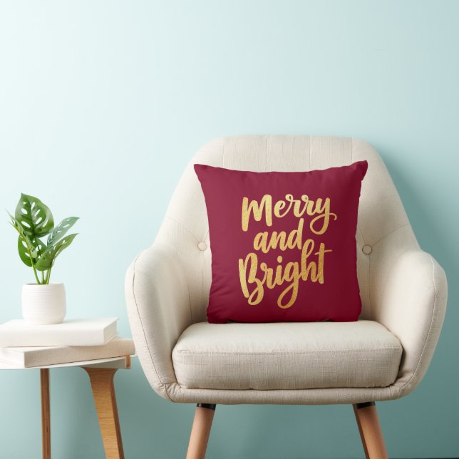 Burgundy Merry and Bright - Gold Script Decor Cushion (Chair)