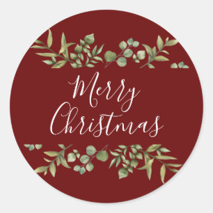 Burgundy Merry Christmas Elegant Script Greenery Classic Round Sticker