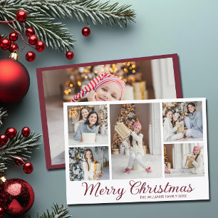Burgundy Merry Christmas Family Photo Collage Holiday Card