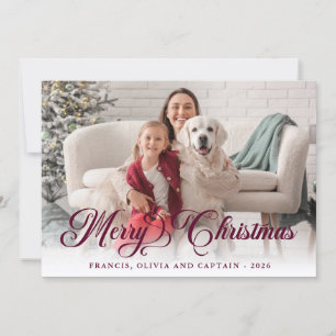 Burgundy Merry Christmas Pretty Calligraphy Photo Holiday Card