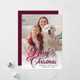 Burgundy Merry Christmas Pretty Calligraphy Photo Holiday Card