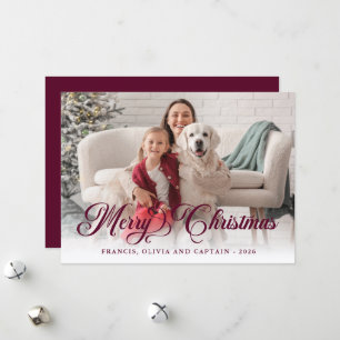 Burgundy Merry Christmas Pretty Calligraphy Photo Holiday Card