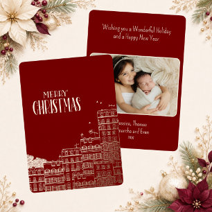 Burgundy Merry Christmas Townscape Photo Gold Foil Holiday Card
