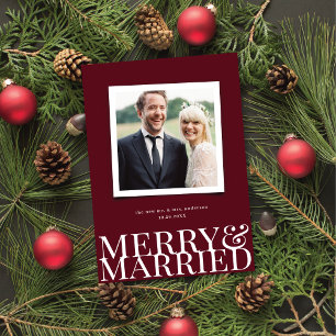 Burgundy Merry & Married Newlywed Christmas Photo Holiday Card