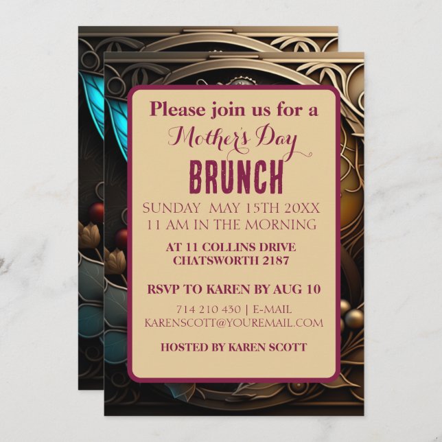 Burgundy Metal Art with pearls Mother's Day Invitation (Front/Back)