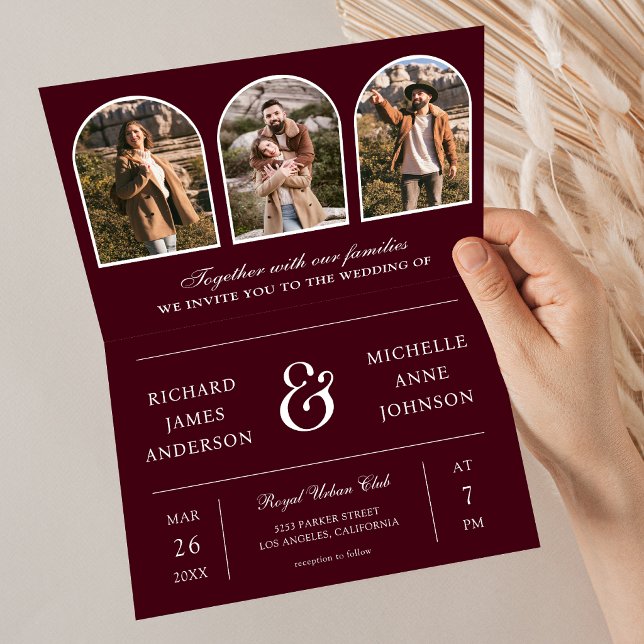 Burgundy Minimal Arch Photo QR code Wedding Invitation (Creator Uploaded)