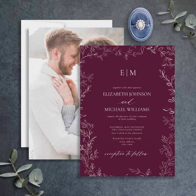 Burgundy Minimal Leaf Photo Monogram Wedding Invitation (Creator Uploaded)
