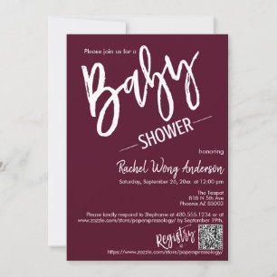 Burgundy Minimal Script Baby Shower QR Code Photo Invitation