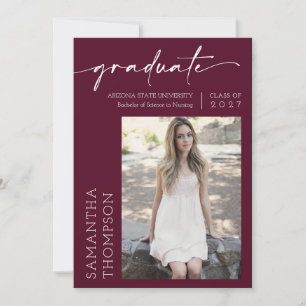 Burgundy Minimal Script Two Photo Graduation Party Invitation