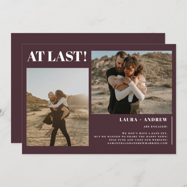 Burgundy minimalist at last 2 photos engagement announcement (Front/Back)