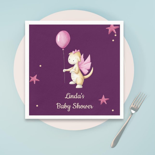 Burgundy Minimalist Baby Dragon Girl Baby Shower Napkin (Creator Uploaded)