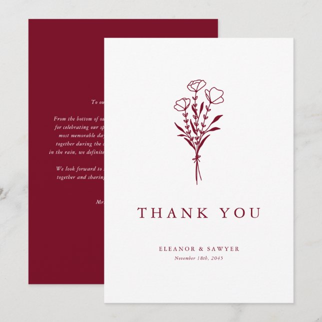 Burgundy Minimalist Botanicals Wedding Thank You Card (Front/Back)
