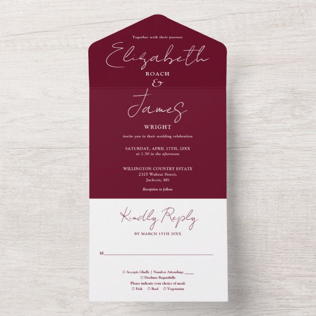 Burgundy Minimalist Elegant Script Wedding All In One Invitation (Inside)