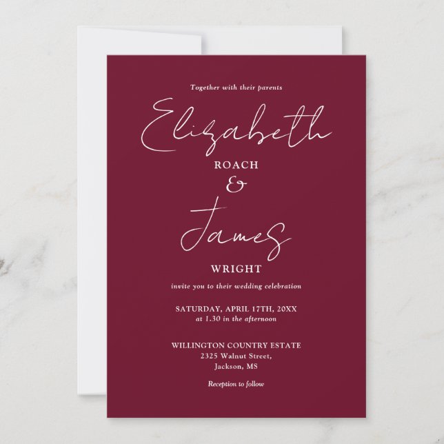 Burgundy Minimalist Elegant Script Wedding Invitation (Front)