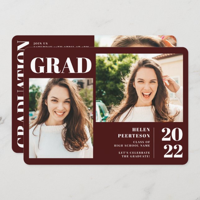 Burgundy minimalist modern 3 photos graduation invitation (Front/Back)