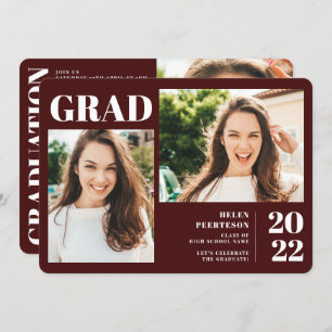 Burgundy minimalist modern 3 photos graduation invitation